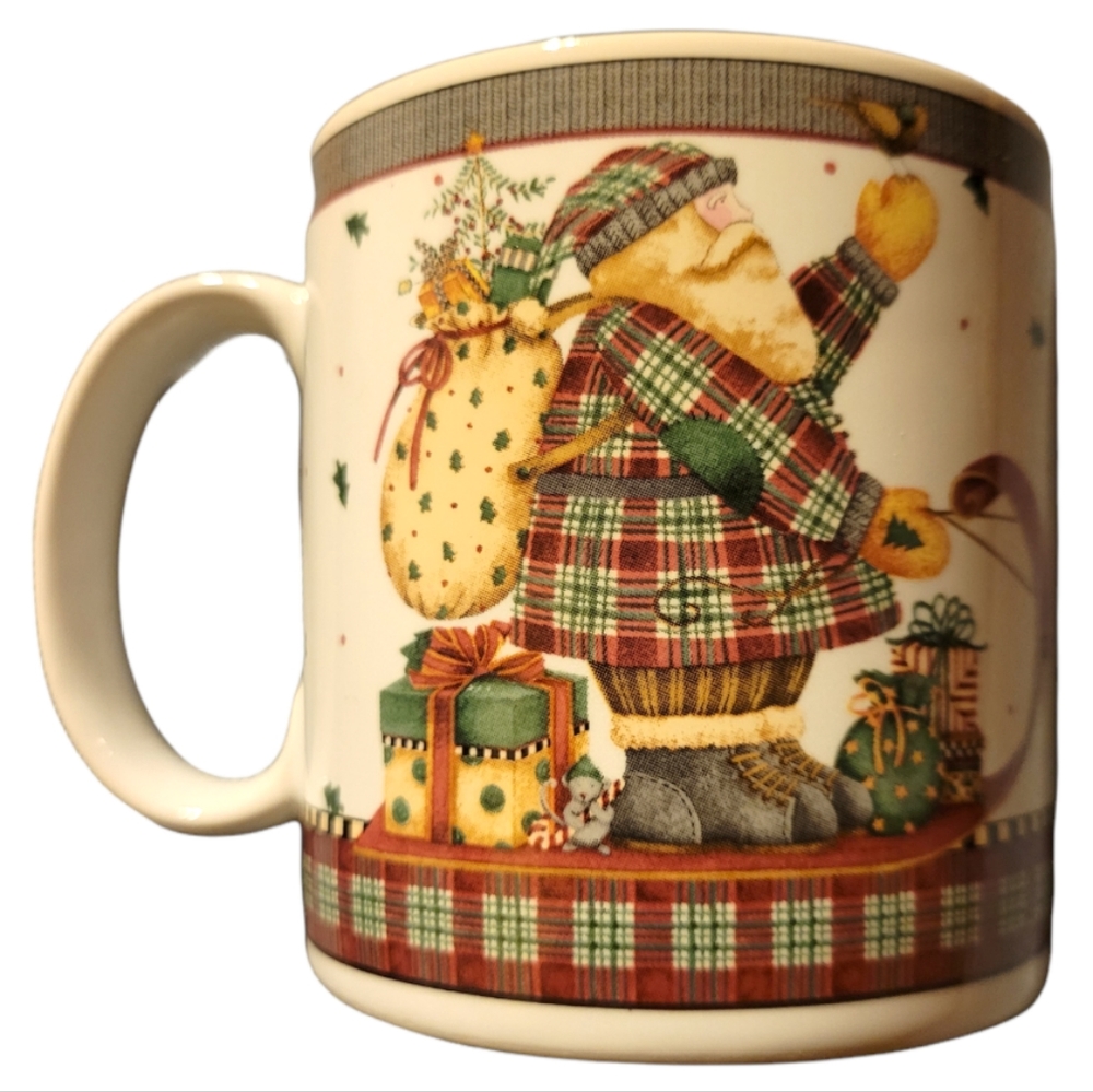 Vtg Sakura Stoneware Cup Art:Debbie Mumm Sledding Characters Santa Christmas